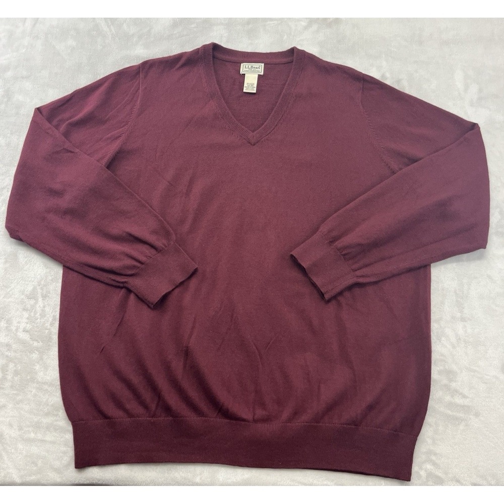 LL BEAN Sweater Men 2XL Burgundy Regular V-Neck Cotton Cashmere Blend Pullover